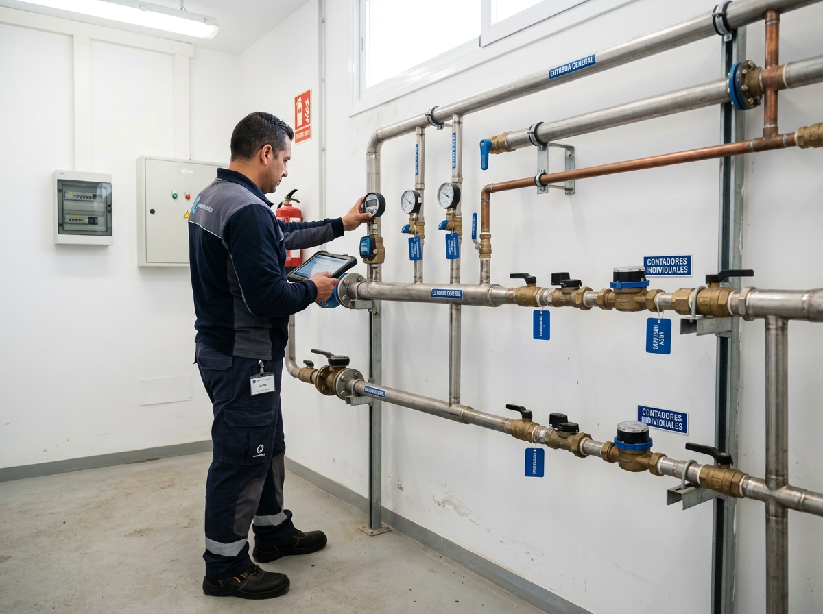 Técnico revisando una instalación general de agua en un edificio